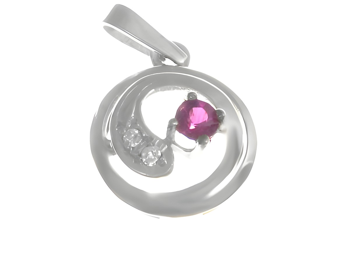 Rund-Diamant Gold 585 Anhänger aus Weißgold mit einem zentralen pinken Stein und drei kleinen Brillanten, Hersteller Juwelier Harnisch, für elegante Akzente.