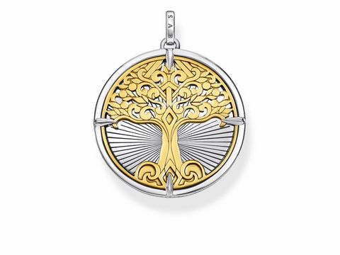 Thomas Sabo PE885-966-39 Anhänger aus Silber und Gelbgold, zeigt einen kunstvoll gestalteten Lebensbaum mit detaillierten Ästen und Wurzeln auf einem verzierten Hintergrund.