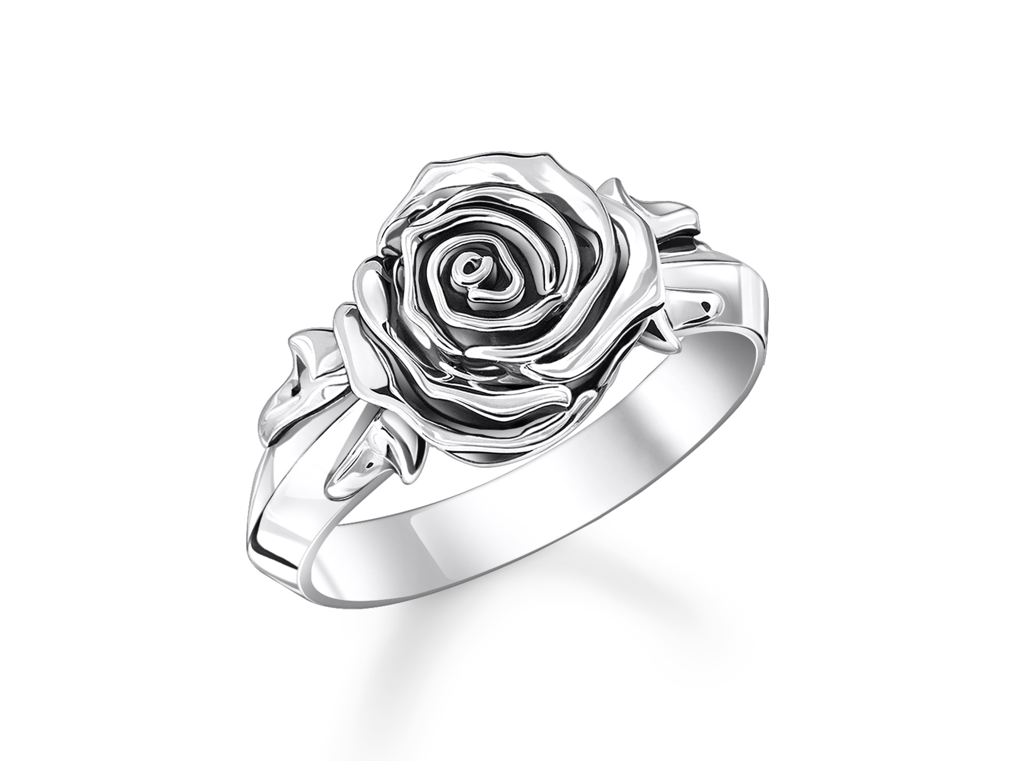 Eleganter Thomas Sabo Ring aus rosé-vergoldetem Silber in Form einer stilisierten Rose mit detaillierter Verarbeitung, Modell Midnight Rose, Größe 50. Ideal für besondere Anlässe.