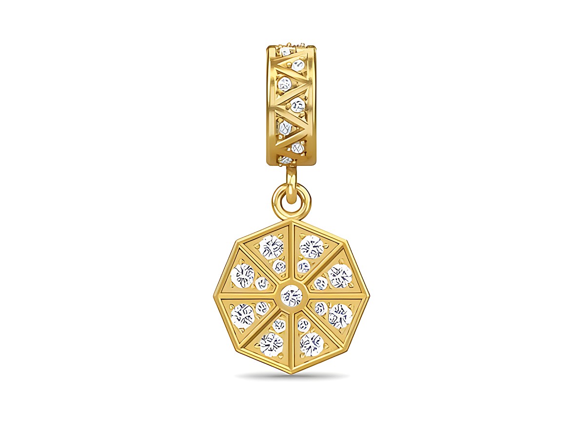Ein goldener Charm mit einem oktagonalen Anhänger, besetzt mit funkelnden Kristallen. Der Charm gehört zur Endless Charm Kollektion von Jennifer Lopez und hat ein elegantes Design in Silber vergoldet.
