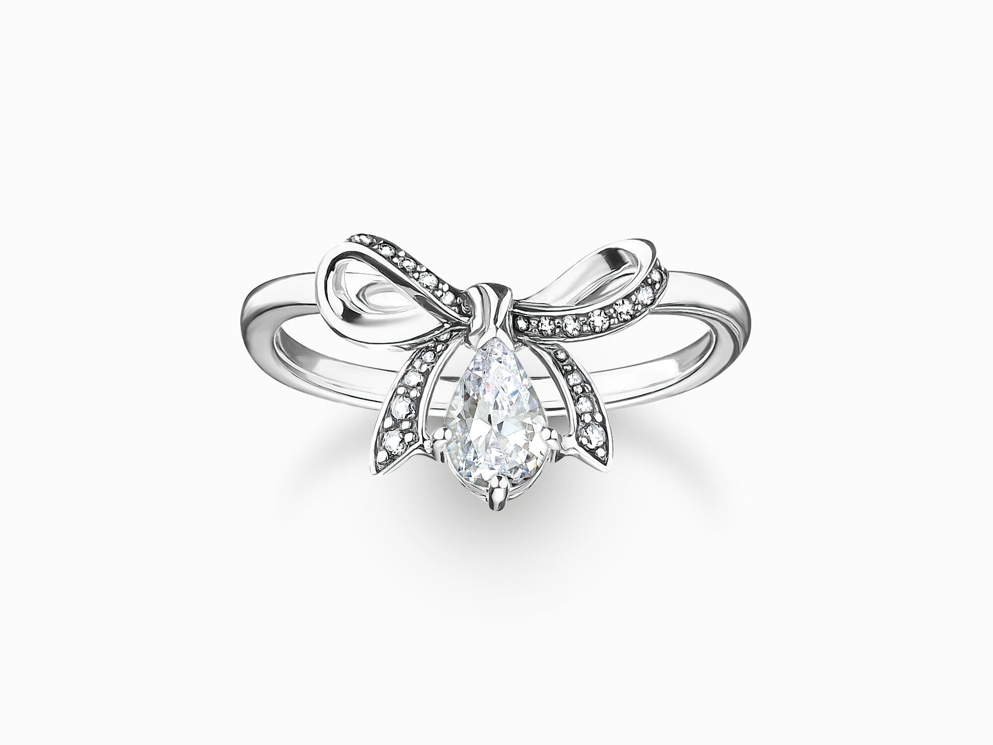 Schleifenring aus Silber mit Zirkonia, perlmutta-farbenem Stein in Tropfenform, elegant und verspielt, von Thomas Sabo, Modell TR2481-643-14-48, Größe 48.