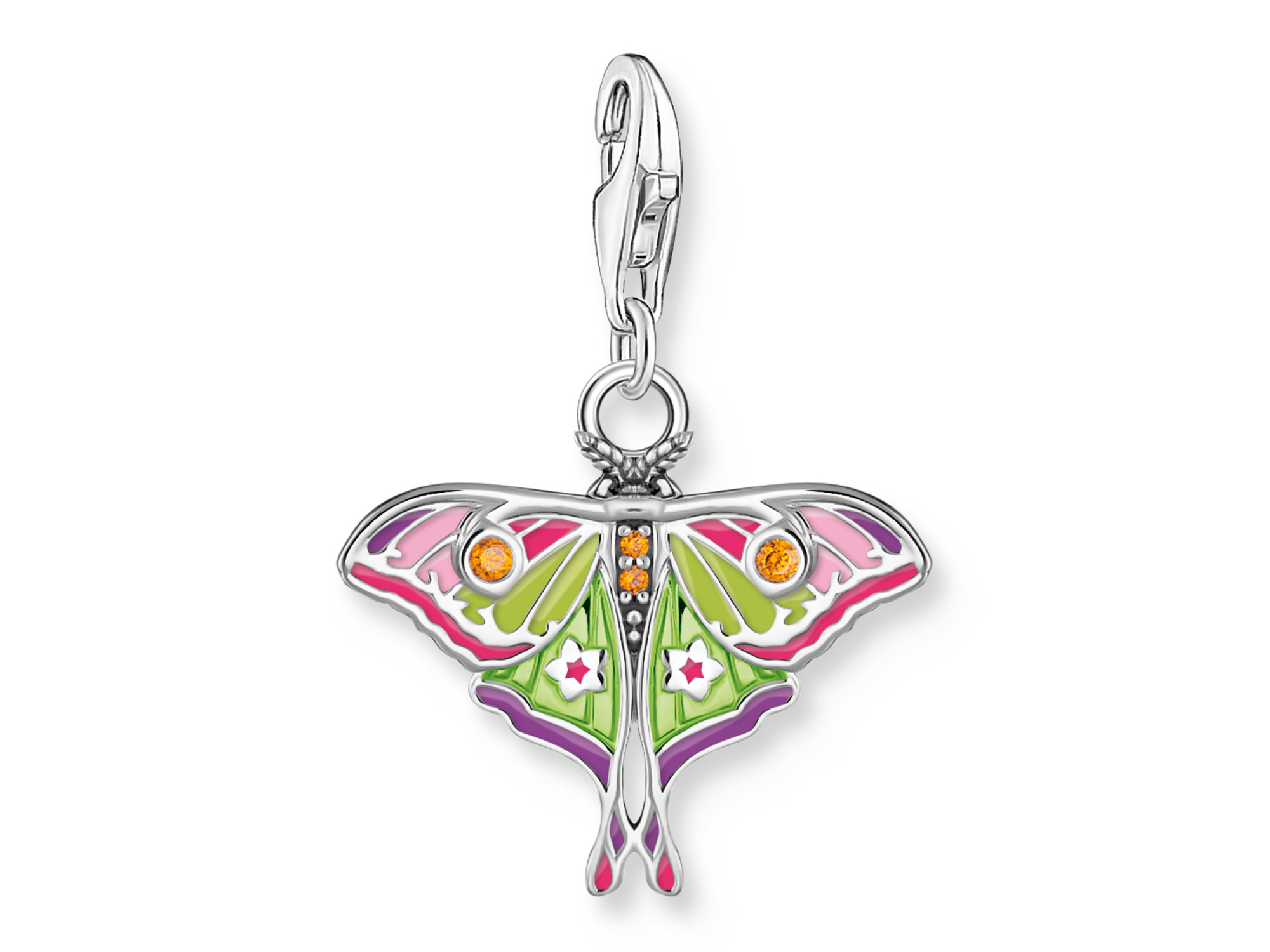 Charm-Anhänger von Thomas Sabo in Form eines bunten Nachtfalters mit bunten Farbakzenten und strassbesetzten Details, eignet sich perfekt als modisches Accessoire.