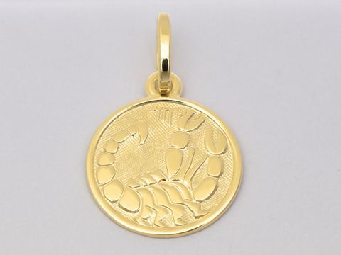 Skorpion Gold 585 Sternzeichen poliert 14 mm Anhänger vom Hersteller Juwelier Harnisch zeigt ein dekoratives Skorpion-Motiv auf einer runden goldenen Platte.