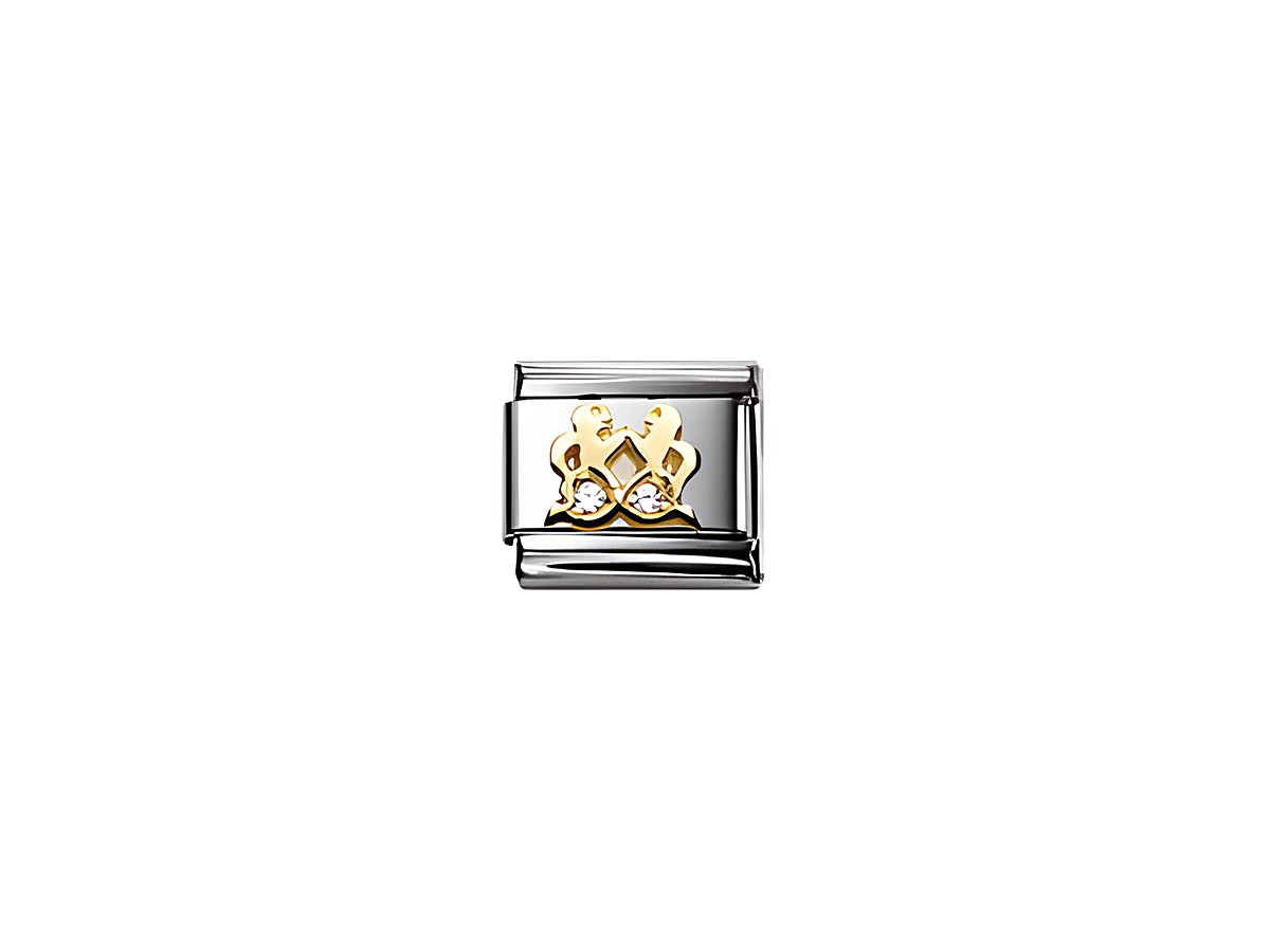 Zirkonia Zwilling 030302 03 von Nomination zeigt ein elegantes Design mit goldfarbenen Elementen und funkelnden Zirkonia-Steinen auf einem silbernen Hintergrund. Ideal für stilvolle Armbänder.