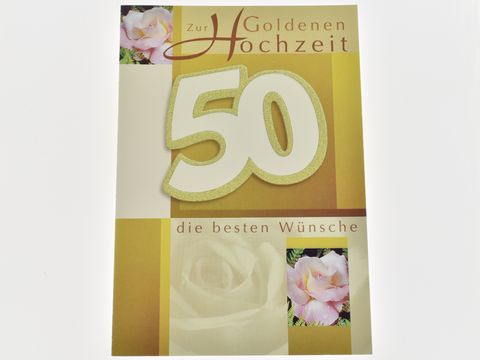 Hochzeitskarte zur Goldenen Hochzeit mit der Zahl 50 und floralem Design in Rosentönen, Hersteller Juwelier Harnisch, ideal für Weihnachtskarten.