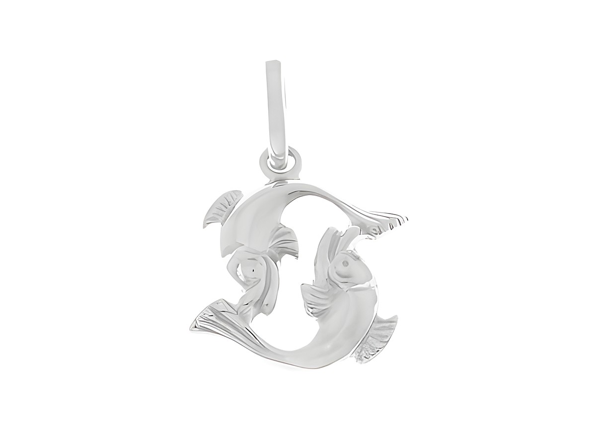 Sterling Silber rhodinierter Anhänger mit dem Sternzeichen Fische, zeigt zwei stilisierte Fische, elegant miteinander verbunden, gefertigt vom Juwelier Harnisch.