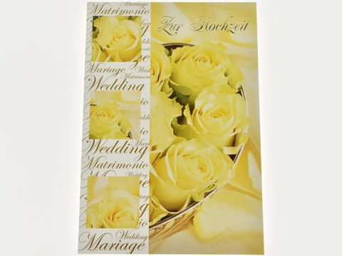 Hochzeitskarte mit gelben Rosen in einem eleganten Design, umrahmt von Schriftzügen wie zur Hochzeit und wedding. Hersteller Juwelier Harnisch bietet stilvolle Hochzeitskarten an.