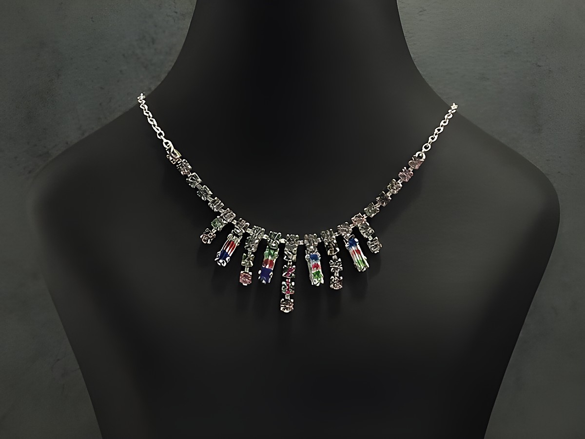 Zarte Strass Collier Kette in bunten Farben, 38-45 cm, aus Sterling Silber mit silberfarbener Oberfläche, Hersteller Juwelier Harnisch, ideal für elegante Anlässe.