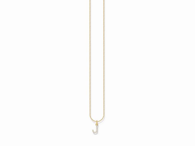 Kette von Thomas Sabo in Silber und vergoldetem Gelbgold mit Buchstaben J und weißen Zirkonia, Länge 38 bis 45 cm. Elegantes Schmuckstück für jeden Anlass.