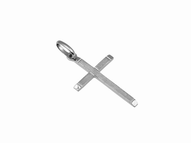 Kreuz Anhänger in modernem Design aus 585 Weißgold, teilmattiert, hergestellt von Juwelier Harnisch, ideal als modisches Accessoire.