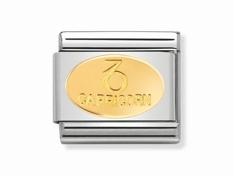 Ovaler Goldanhänger mit der Gravur Steinbock und dem Wort Capricorn, hergestellt von Nomination, in einem klassischen Design und kombiniert mit Silber.