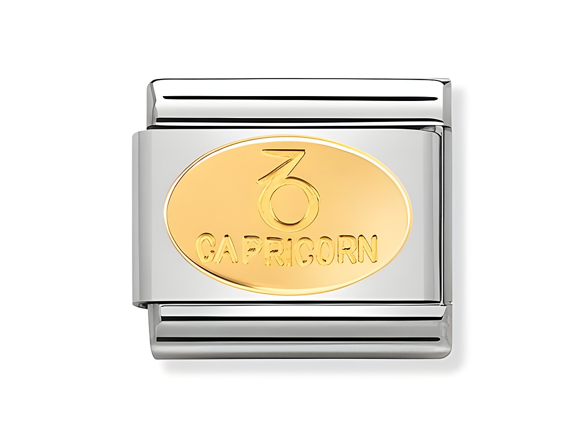 Ovaler Goldanhänger mit der Gravur Steinbock und dem Wort Capricorn, hergestellt von Nomination, in einem klassischen Design und kombiniert mit Silber.