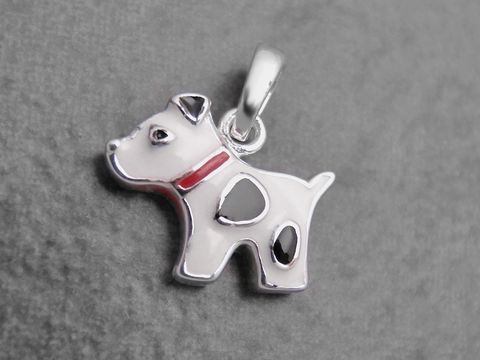 Hündchen Anhänger aus Sterling Silber in den Farben weiß, schwarz und rot, gefertigt von Juwelier Harnisch, tierisches Design mit lackierter Oberfläche.