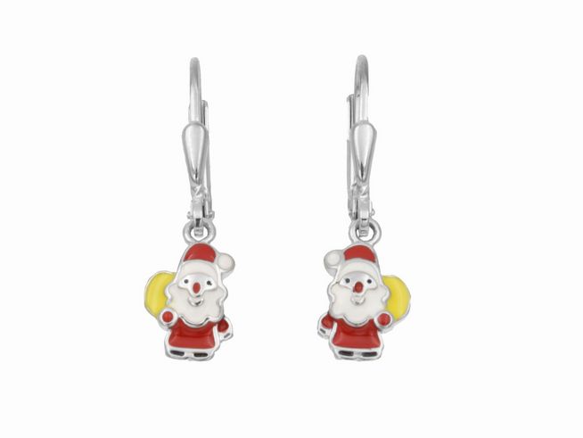 Ohrhänger in Form von Weihnachtsmännern aus rhodiniertem Sterling Silber, mit lackierten Farben in Weiß, Rot und Gelb, speziell für Kinder, hergestellt von Juwelier Harnisch.