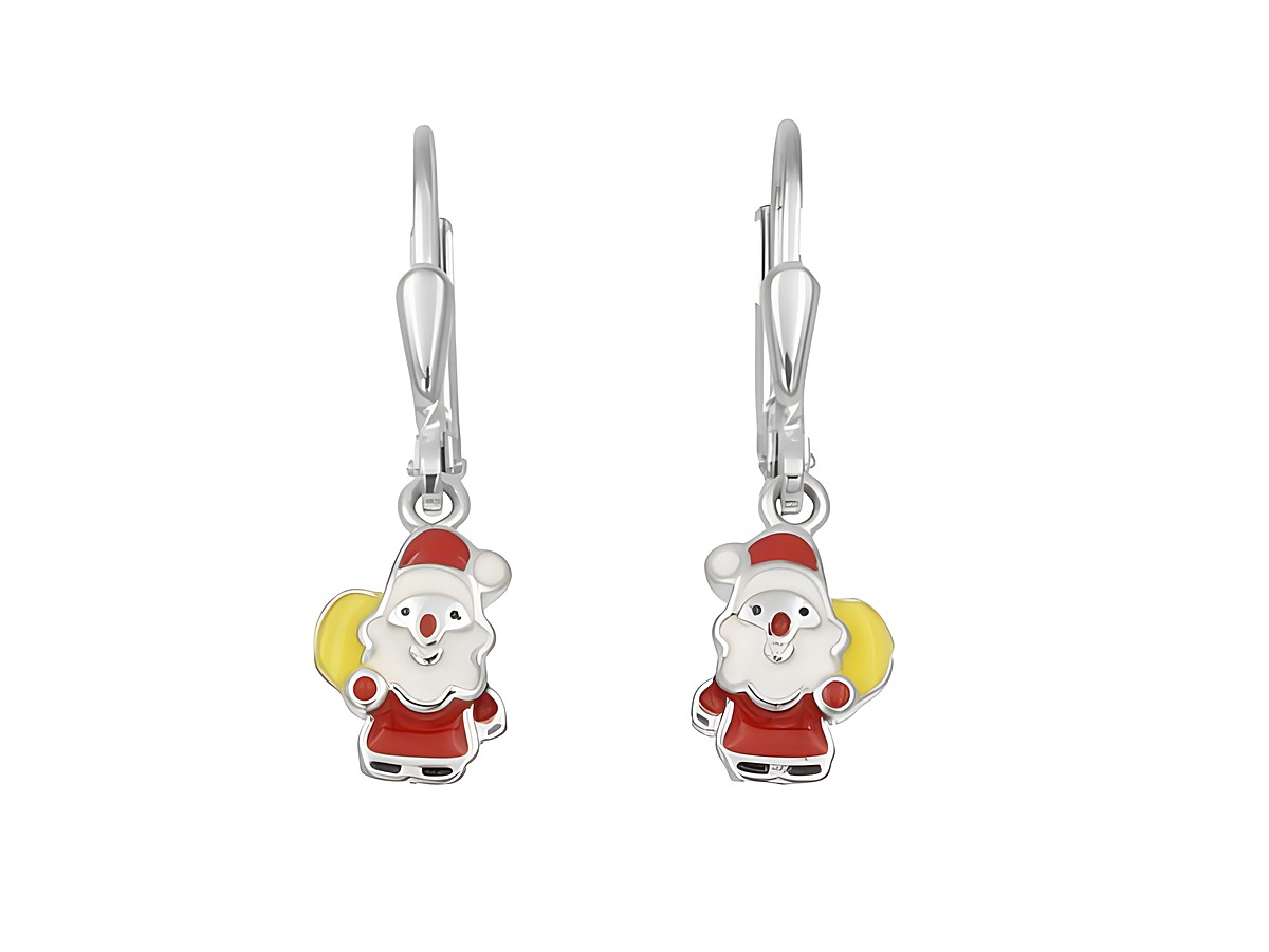 Ohrhänger in Form von Weihnachtsmännern aus rhodiniertem Sterling Silber, mit lackierten Farben in Weiß, Rot und Gelb, speziell für Kinder, hergestellt von Juwelier Harnisch.