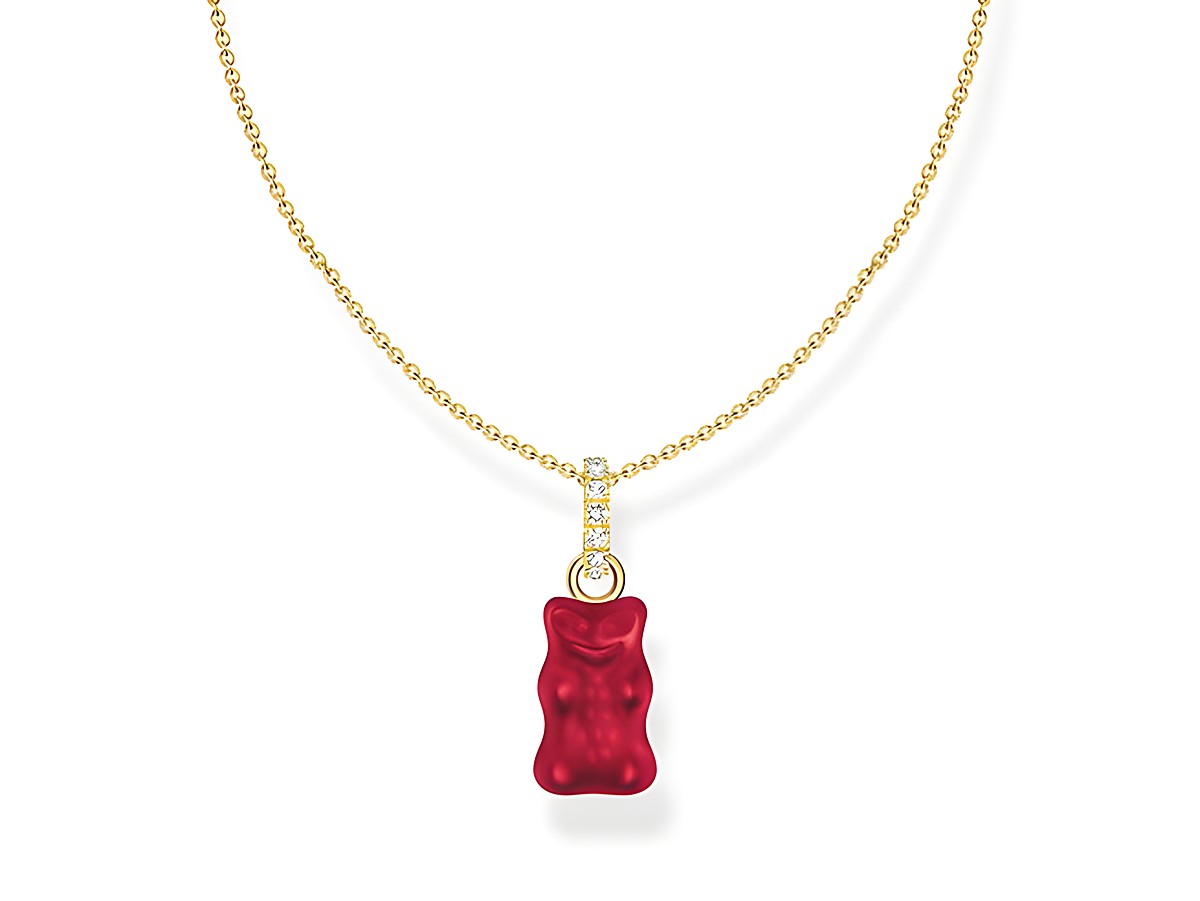 Kette von Thomas Sabo mit einem roten Gummibärchen-Anhänger, verziert mit Zirkonia, in gelbgold vergoldetem Silber, 40 cm lang. Ideal für Gummibärchen-Liebhaber.