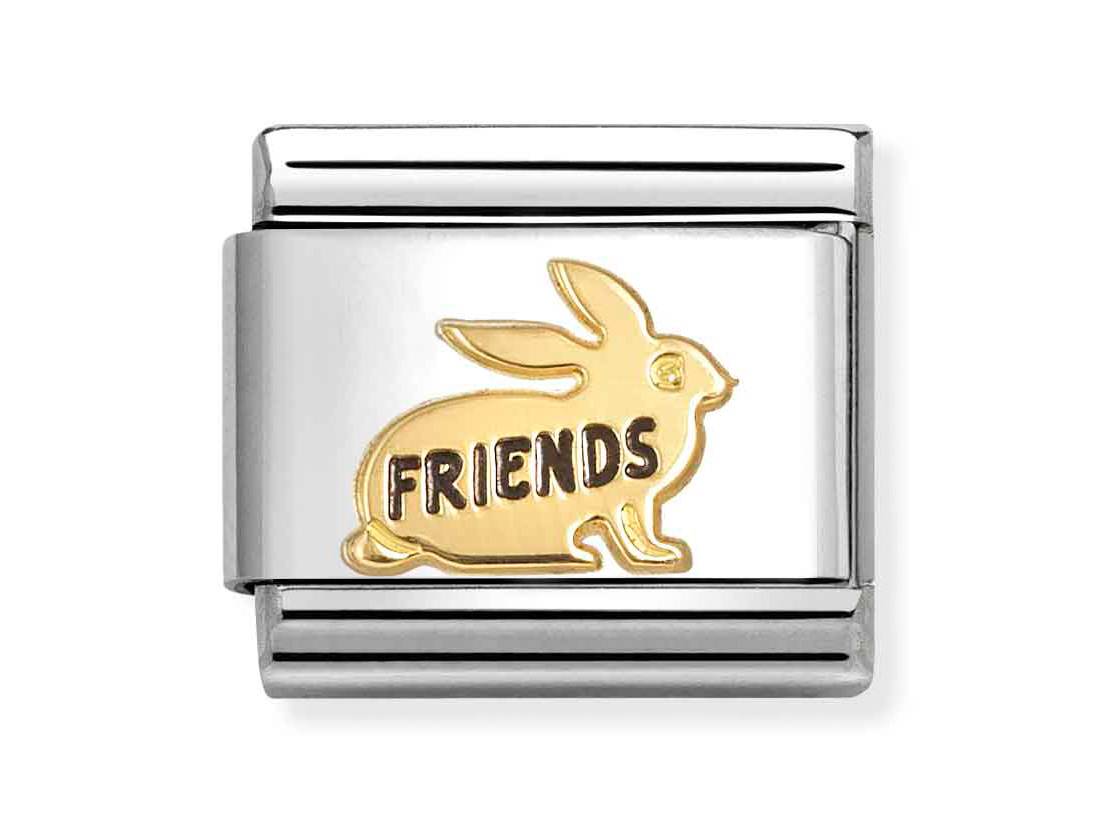 Freundschafts-Anhänger in Form eines Hasen mit der Aufschrift FRIENDS in schwarzer Schrift und goldener Emaille auf einem silbernen Hintergrund, Hersteller Pandora, Neuheiten.