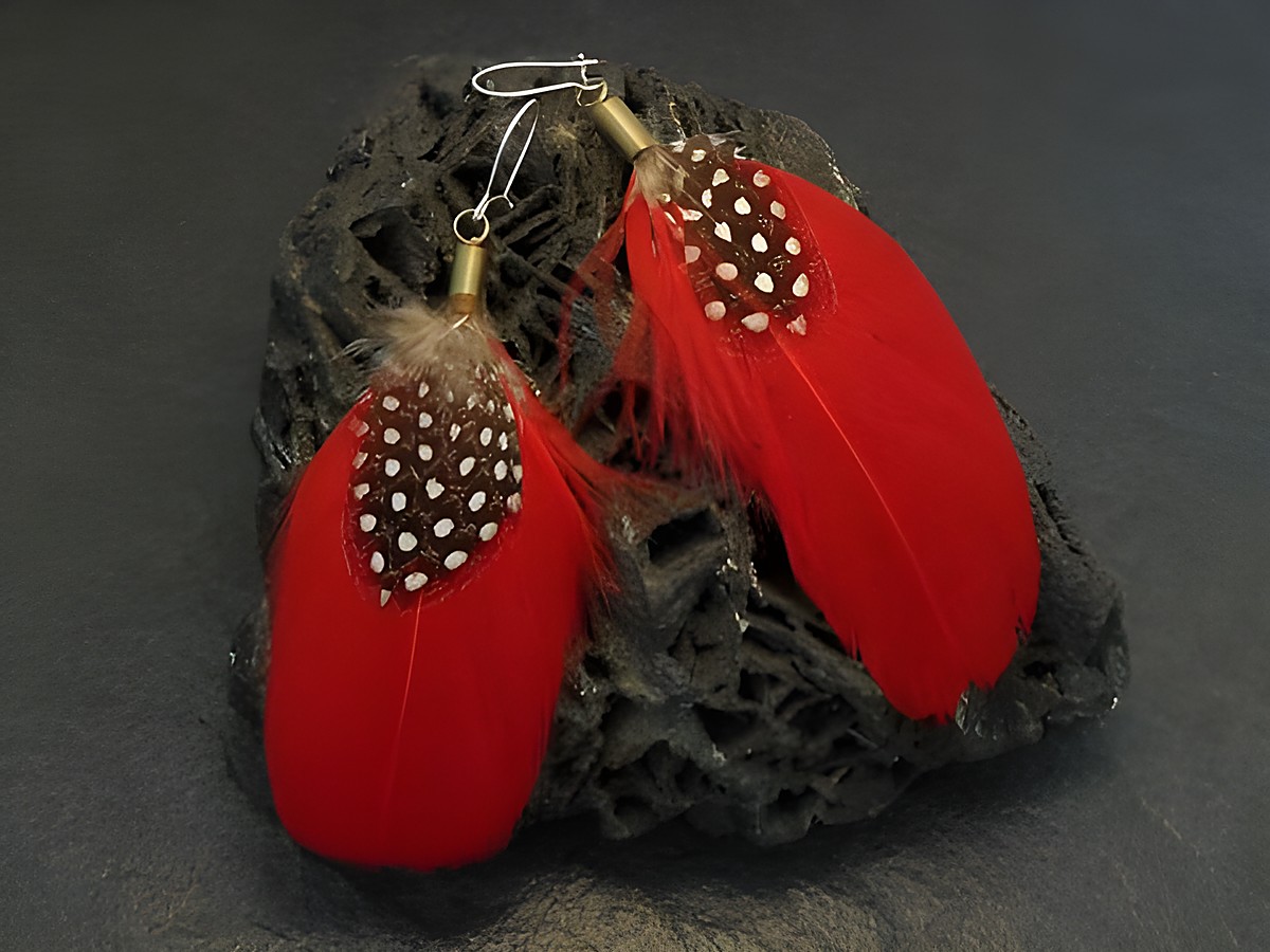 Feder Ohrringe in Rot aus Sterling Silber mit 10 cm langen Ohrbügeln, ohne Stein, präsentiert auf einem dunklen Untergrund. Ideal für einen auffälligen Look.
