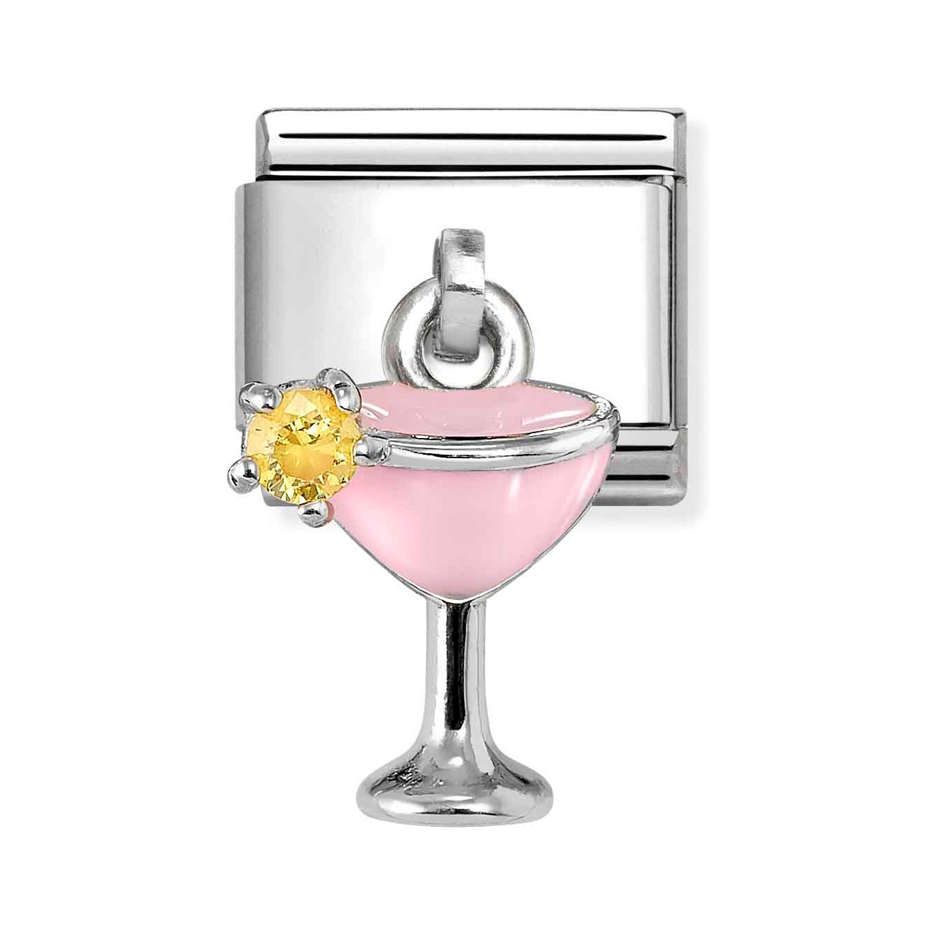 Charm-Anhänger aus Sterling Silber in Form eines Cocktail-Glases mit rosa Emaille und Zirkonia in Gelb, geeignet für modischen Schmuck und als Geschenk. Ideal für Anhänger-Ketten.