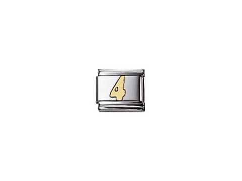 Edelstahl Charm mit der Zahl vier in gelber Farbe und grauem Hintergrund, passend für das Nomination Classic Armband, Hersteller Nomination.
