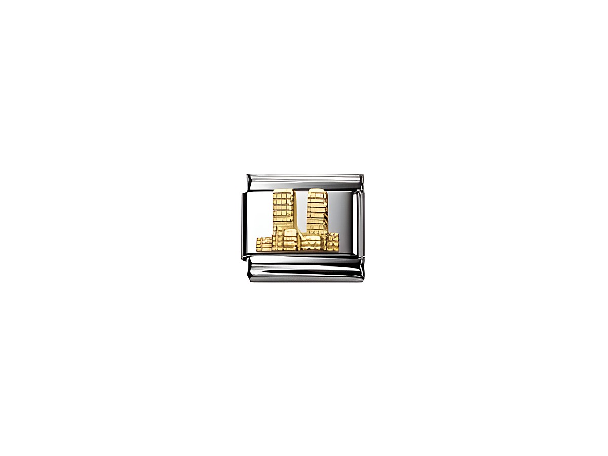 Edelstein mit der Darstellung der Classic World Trade Center-Türme in gold und silber, von Nomination, ein stilvolles Monument für Erinnerungen und Denkmäler.