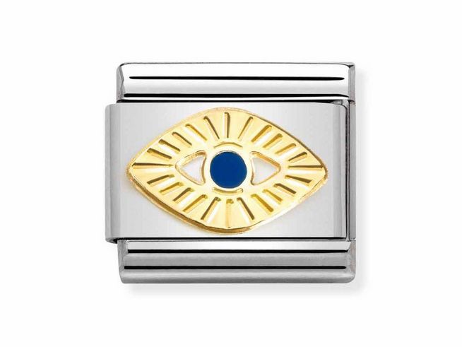 Edelstahlarmband mit einem goldenen Gottesauge-Symbol in der Mitte, verziert mit blauen Emaille-Elementen und diamantierter Oberfläche, von Nomination, Gold 750.