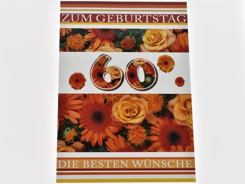 Geburtstagskarte mit einem bunten Blumenmix in Orange und Gelb, versehen mit der Aufschrift Zum Geburtstag 60 und dem Zusatz Die besten Wünsche. Hersteller ist Juwelier Harnisch.