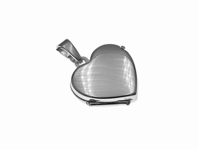 Zierliches rhodiniertes Silber Medaillon in Herzform vom Hersteller Juwelier Harnisch, mit glatter Oberfläche und schimmerndem Finish, ideal für persönliche Erinnerungen.