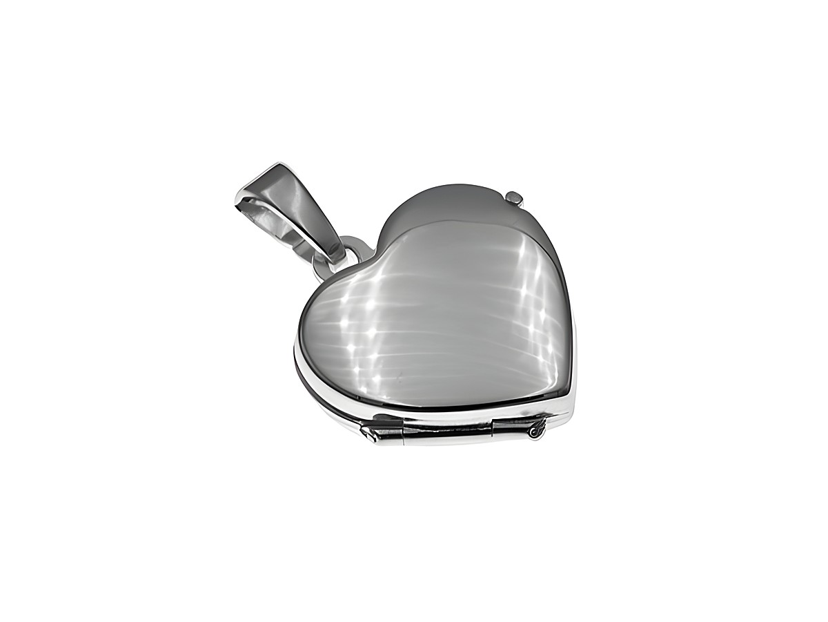 Zierliches rhodiniertes Silber Medaillon in Herzform vom Hersteller Juwelier Harnisch, mit glatter Oberfläche und schimmerndem Finish, ideal für persönliche Erinnerungen.
