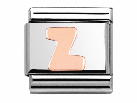 Classic Roségold Buchstabe Z von Nomination. Der Buchstabe Z ist in Roségold auf einem silbernen Hintergrund gestaltet. Ideal für Armbänder oder Schmuckkreationen.