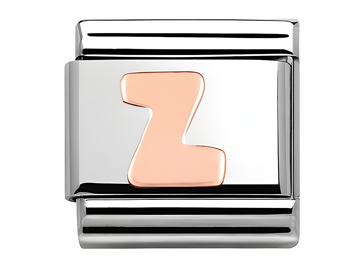 Classic Roségold Buchstabe Z von Nomination. Der Buchstabe Z ist in Roségold auf einem silbernen Hintergrund gestaltet. Ideal für Armbänder oder Schmuckkreationen.