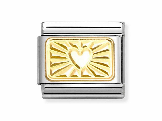 Klassisches Charm aus Gelbgold mit herzförmiger, diamantierter Gestaltung und Edelstahlrahmen, hergestellt von Nomination, ideal für persönliche Armbänder.