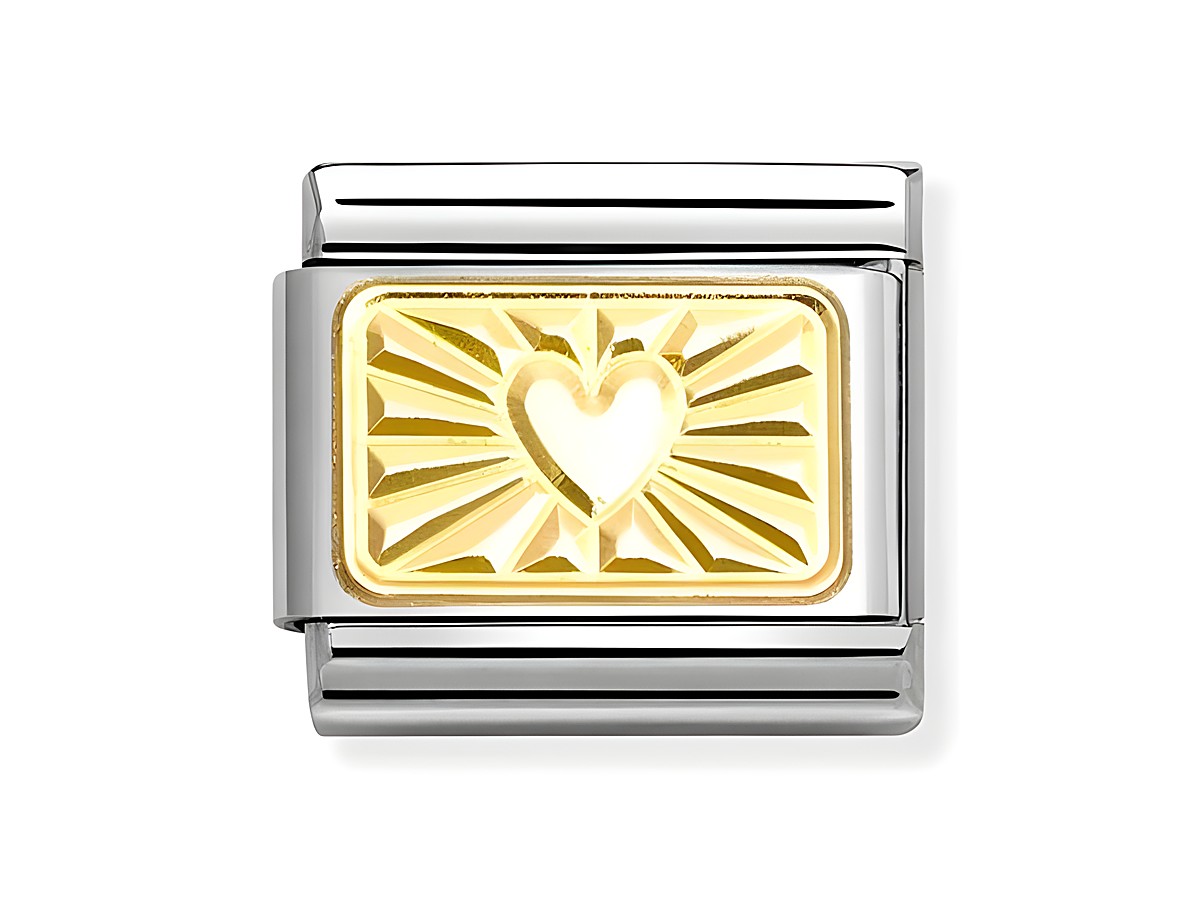 Klassisches Charm aus Gelbgold mit herzförmiger, diamantierter Gestaltung und Edelstahlrahmen, hergestellt von Nomination, ideal für persönliche Armbänder.