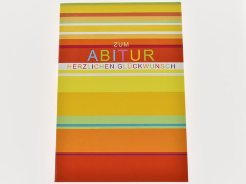Bunte Glückwunschkarte zum Abitur mit gestreiftem Design in verschiedenen Farbnuancen, hergestellt von Juwelier Harnisch. Ideal für persönliche Gratulationen.