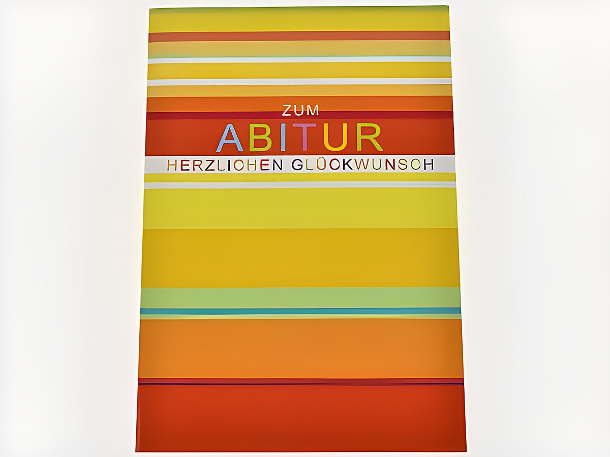 Bunte Glückwunschkarte zum Abitur mit gestreiftem Design in verschiedenen Farbnuancen, hergestellt von Juwelier Harnisch. Ideal für persönliche Gratulationen.