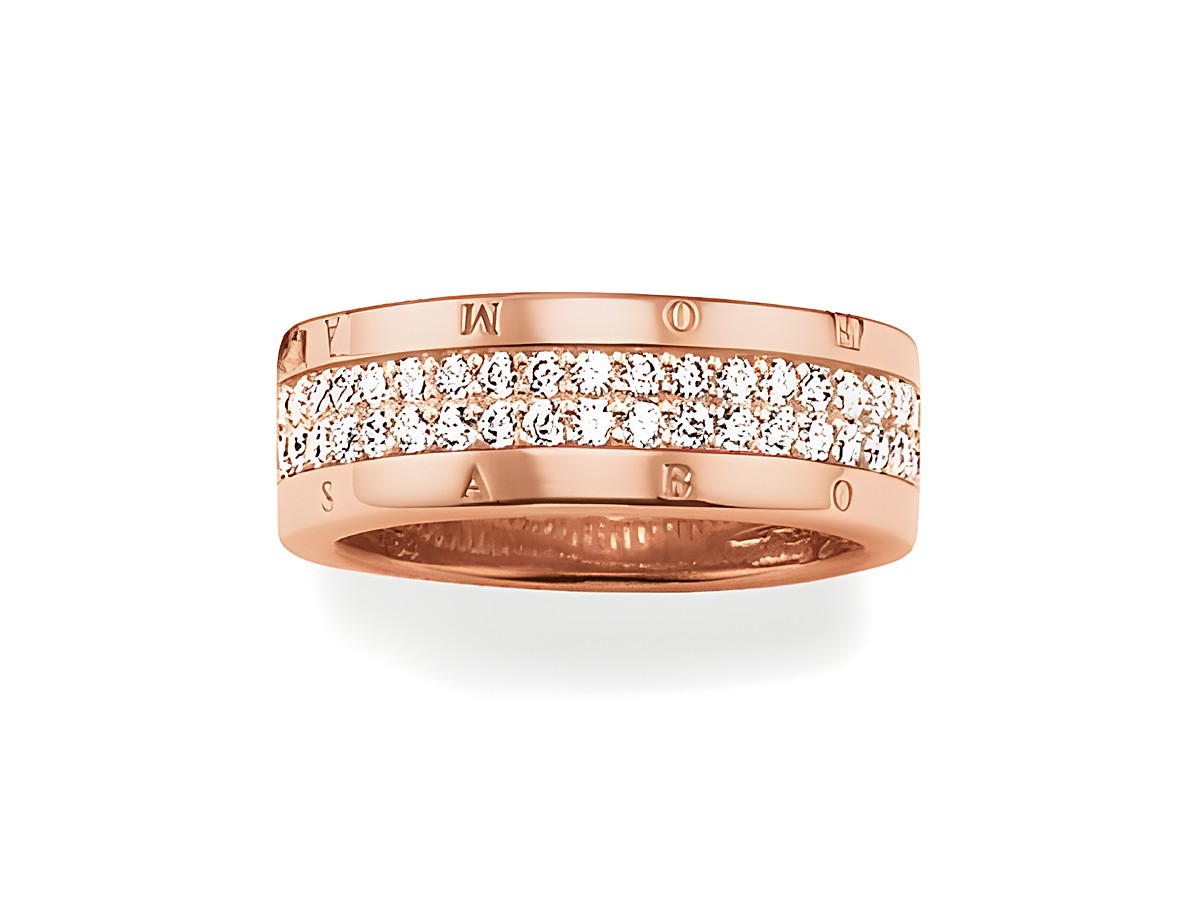 Ring TR1987-416-14-48 von Thomas Sabo aus Silber mit vergoldetem Roségold und Zirkonia in Größe 48, elegante und moderne Designsprache, funkelnde Steinbesetzung.