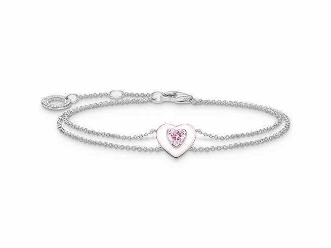 Elegantes Silberarmband von Thomas Sabo mit pinkem Herz und Zirkonia, geflochtenen Ketten und verstellbarer Länge von 16 bis 19 cm. Ideal als stilvolles Accessoire.