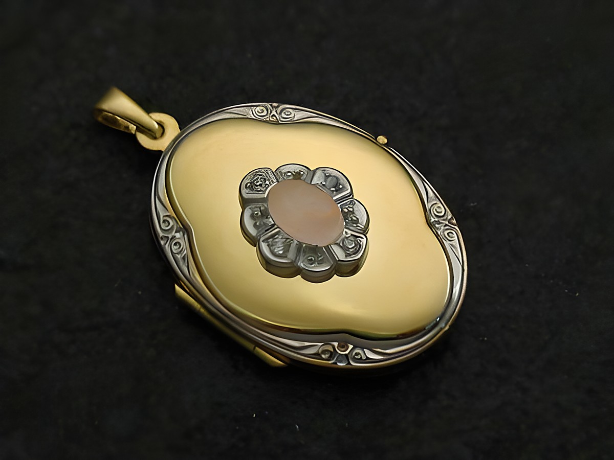 Rosenquarz rosa Medaillon Cabochon Gold 333 bicolor mit Brillanten, Hersteller Juwelier Harnisch, in Gelbgold 333, elegant und zeitlos gestaltet, ideal als Schmuckstück oder Geschenk.