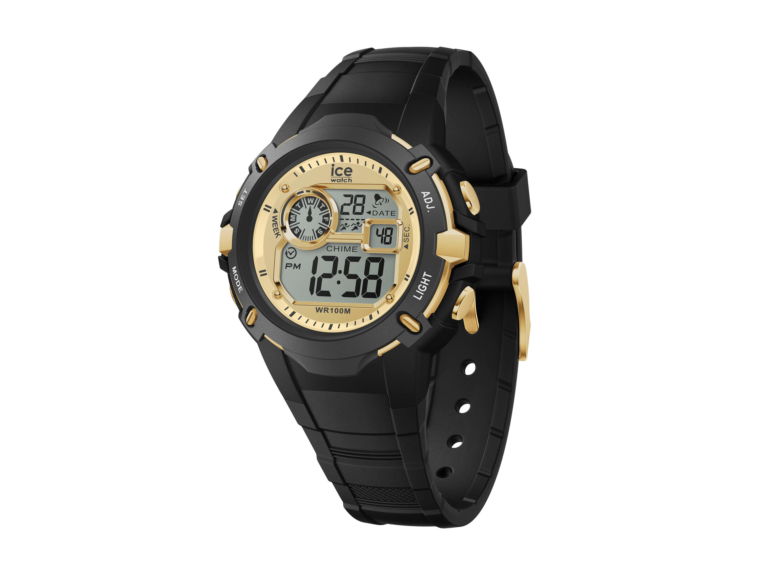 Die Ice Watch 024009 ICE digit explorer in Schwarz und Gold hat ein sportliches Design mit analog-digitaler Anzeige, einem schwarzen Gummiband und ist bis 100 Meter wasserdicht.