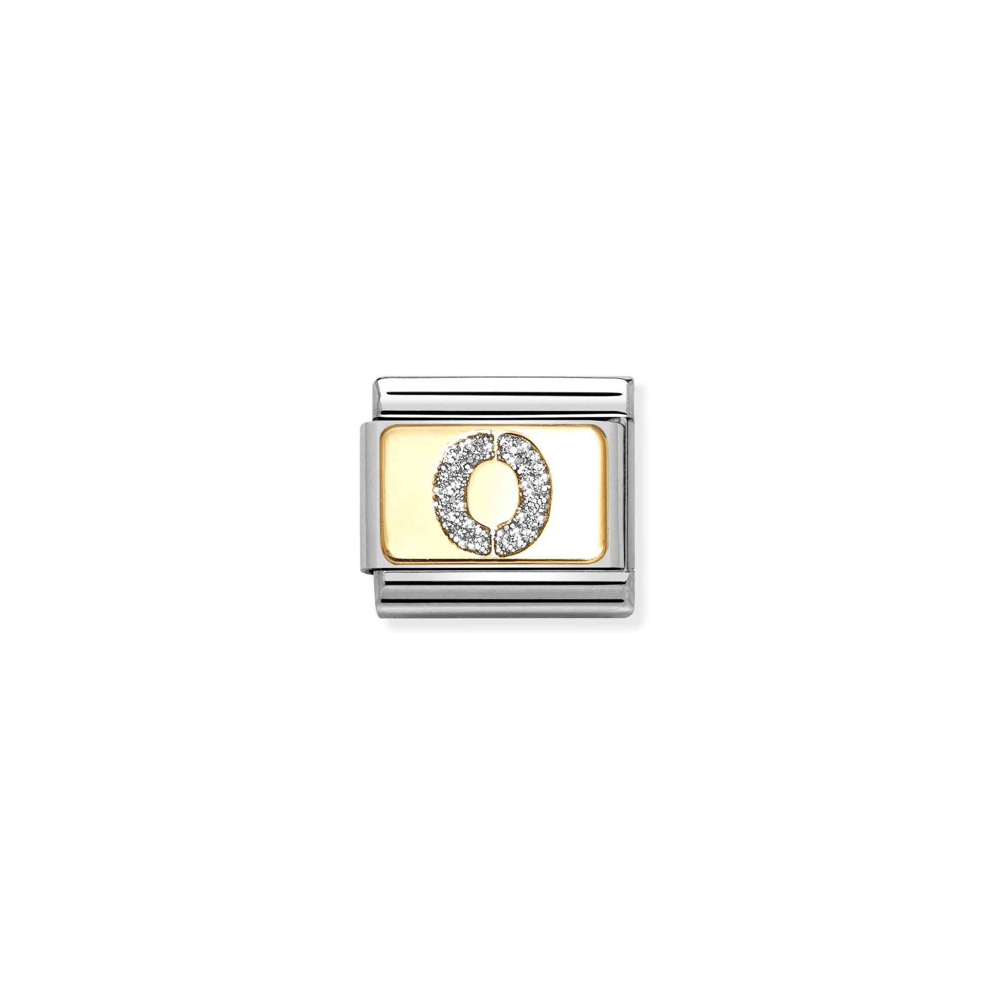 Nomination Composable Classic Charm Buchstabe O Silberglitzer - Edelstahl, Gold 750, Emaille