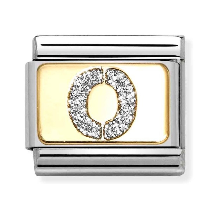 Nomination Composable Classic Charm Buchstabe O Silberglitzer - Edelstahl, Gold 750, Emaille