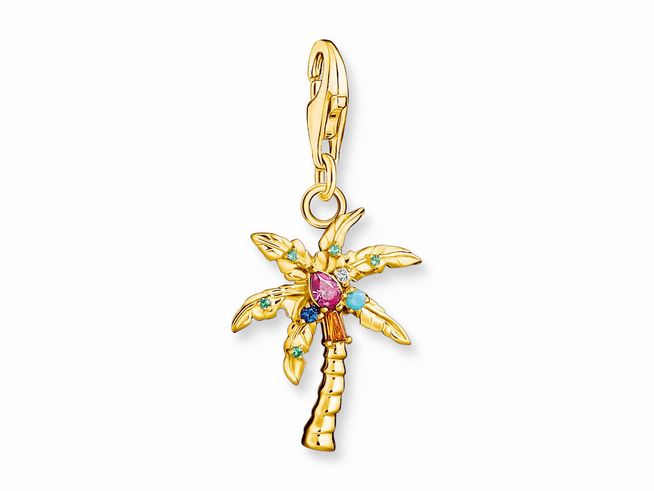 Charm-Anhänger von Thomas Sabo in Form einer Palme, vergoldet mit bunten Glas-Keramik Steinen, ideal für Strand- und Meer-Themen.