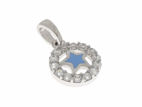 Hängender Anhänger aus silber rhodiniertem Metall mit funkelnden Zirkonia-Steinen und einer blauen Lackeinlage in Form eines Sterns, hergestellt von Juwelier Harnisch, unter dem Motto Sonne Mond Sterne.