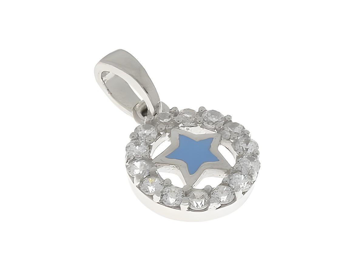 Hängender Anhänger aus silber rhodiniertem Metall mit funkelnden Zirkonia-Steinen und einer blauen Lackeinlage in Form eines Sterns, hergestellt von Juwelier Harnisch, unter dem Motto Sonne Mond Sterne.