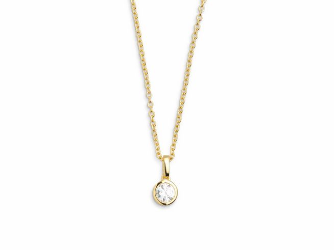 Xenox Sterling Silber Kette XS7283G in Gelbgoldvergoldung mit Zarge und Ankerkette, 40-45 cm lang, ziert einen funkelnden Anhänger mit klarem Stein.
