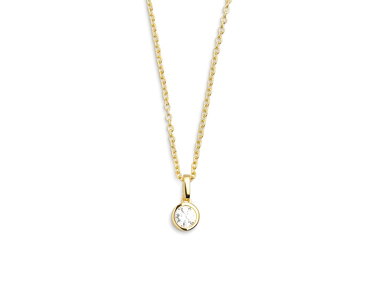 Xenox Sterling Silber Kette XS7283G in Gelbgoldvergoldung mit Zarge und Ankerkette, 40-45 cm lang, ziert einen funkelnden Anhänger mit klarem Stein.