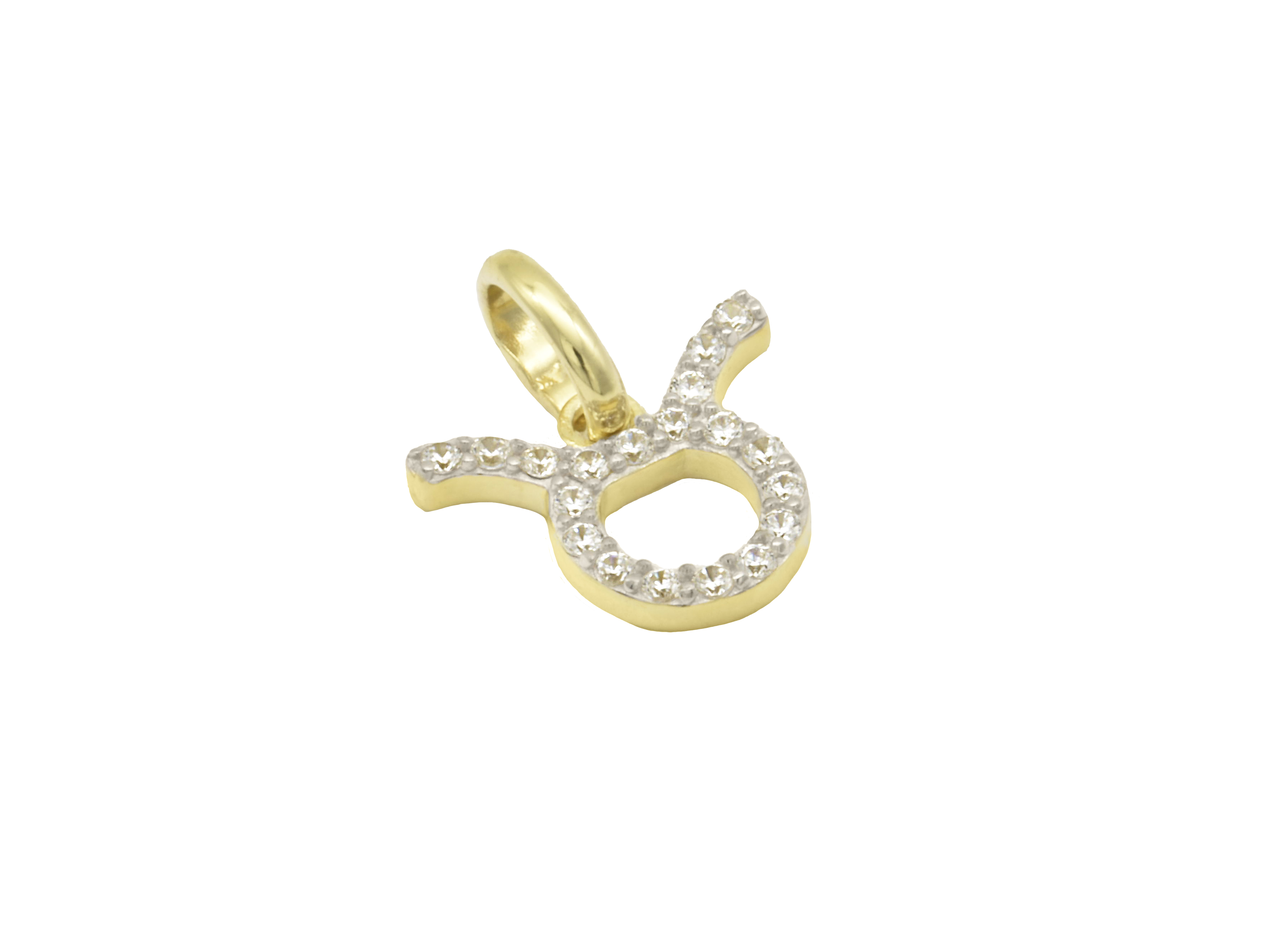 Ein Anhänger mit dem Sternzeichen Stier, aus Sterling Silber 925 vergoldet in poliertem Gelbgold, verziert mit Zirkonia-Steinen, hergestellt von Juwelier Harnisch.