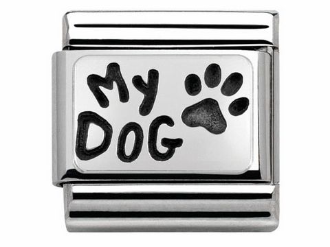 433010235-0 Edelstahl Charm mit der Gravur My Dog und einer Pfotenabdruck-Darstellung, für die Nomination Classic Schmuckreihe in Silber von SilverShine.