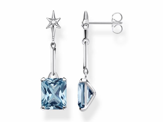 Thomas Sabo Ohrringe H2115-644-1 aus Sterling Silber mit geschwungenen Elementen, besetzt mit synthetischem Spinell und blauem Zirkonia, elegantes Design mit funkelndem Look.
