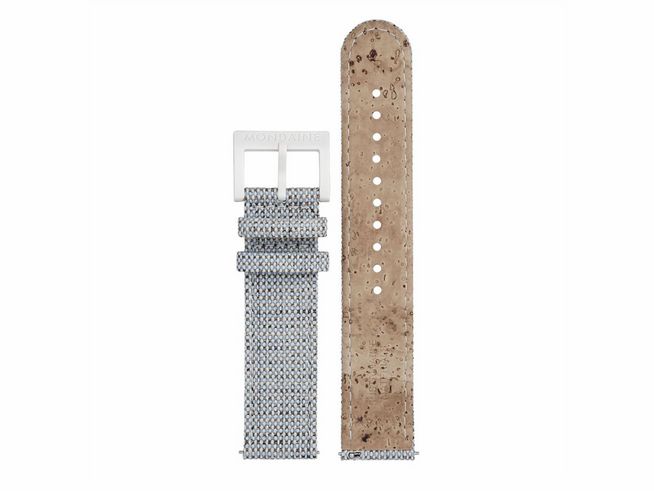 9000497-0 Korkarmband FTM.3120.40A.K von Mondaine in Hellblau mit textilem Material und einer Breite von 20 mm, hergestellt für spezielle Uhrenmodelle und als Ersatzarmband geeignet.